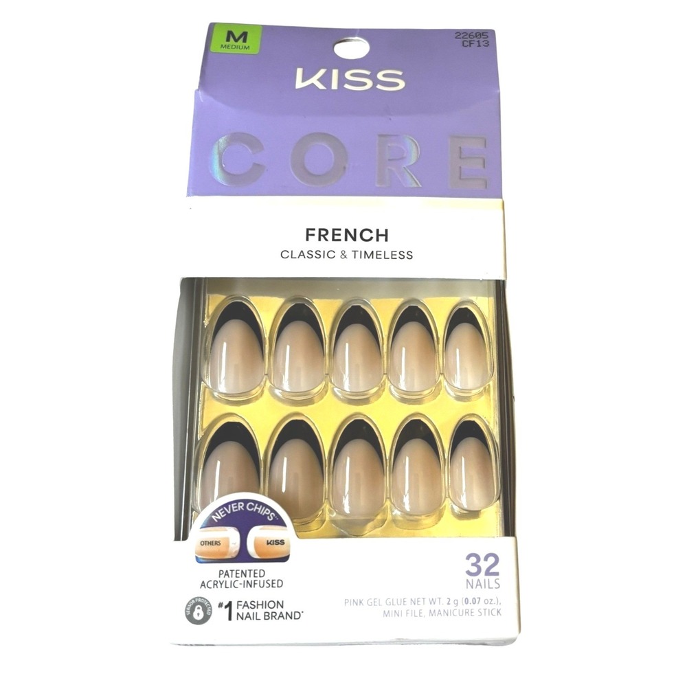 KISS Core French Press On Nails Black Tip Round Short 32ct 22605 CF13‎ NEW